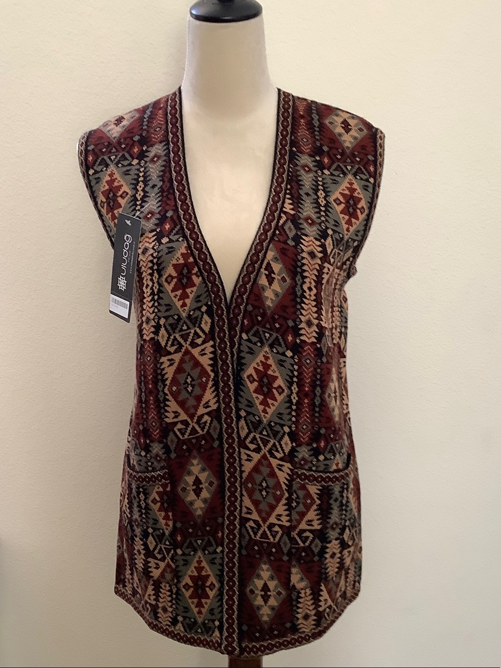 Boho Mosaic Knit Vest - Burgundy Multi
